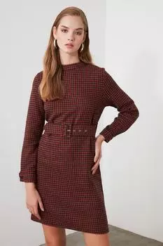 Плетеное платье в клетку с поясом и поясом Trendyol, оранжевый