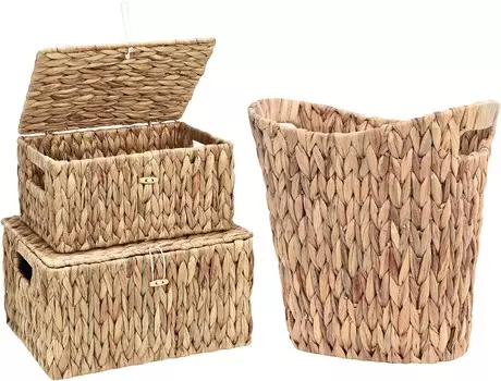 Плетеные корзины для хранения с крышками Fairy Haus (2 шт.) и плетеная корзина для мусора (1 шт.) FairyHaus