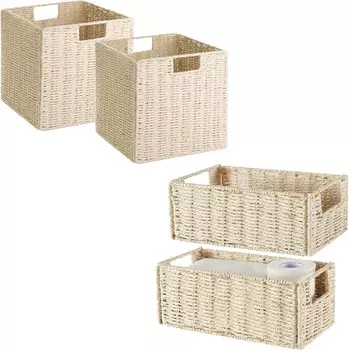 Плетеные корзины для хранения Vagusicc, плетеные корзины для полок, набор из 4 круглых корзин для хранения из бумажной веревки ручной работы. Плетеные корзины для организации контейнеров для хранения, бежевые., Beige