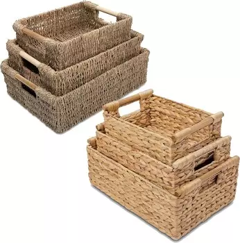 Плетеные корзины для хранения вещей, корзины для хранения из водного гиацинта и водорослей, прямоугольные с деревянными ручками для полок, корзины для хранения из натуральной плетеной корзины VATIMA