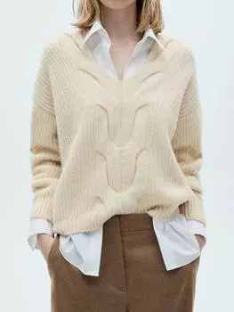 Плетеный джемпер trencita с v-образным вырезом Mango, светло-бежевый