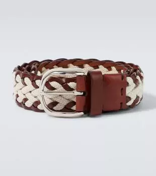 Плетёный кожаный и холщовый ремень Brunello Cucinelli, Brown Beige