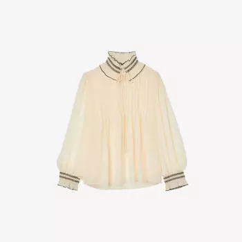 Плиссированная блузка из шифона с оборкой на воротнике Sandro, цвет naturels