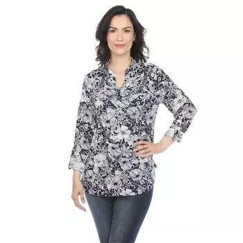 Плиссированная блузка с длинными рукавами и цветочным принтом WM Fashion, темно-синий