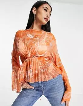 Плиссированная блузка с длинными рукавами и закрученным спереди ASOS DESIGN с цветочным принтом ASOS DESIGN