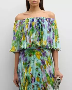 Плиссированная блузка с открытыми плечами и цветочным принтом Ungaro, цвет Dusty Blue