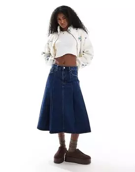 Плиссированная джинсовая юбка миди темно-синего цвета Levi's