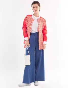 Плиссированная куртка в клетку на талии Коралловый Kayra