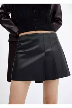 Плиссированная мини-юбка с эффектом кожи Mango, черный