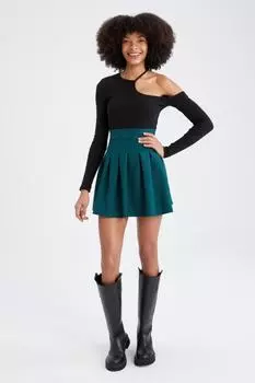 Плиссированная мини-юбка трапециевидного силуэта с высокой талией и твилом DeFacto, зеленый