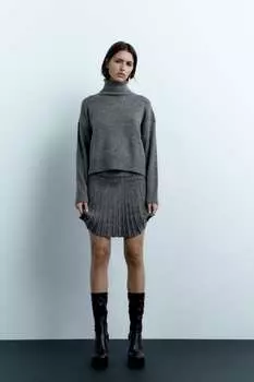Плиссированная трикотажная мини-юбка ZARA, серый