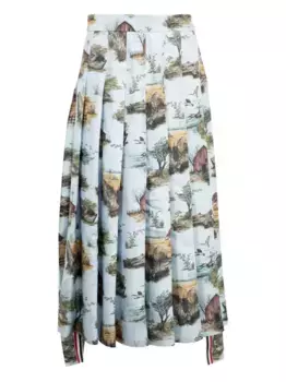 Плиссированная юбка-миди из ткани в стиле сценической туали THOM BROWNE, синий