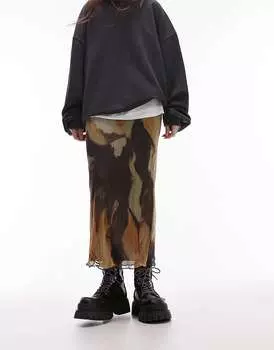 Плиссированная юбка миди из трикотажной сетки Topshop с цветочным принтом сепии