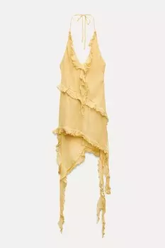 Плиссированное асимметричное платье с оборками ZARA, желтый