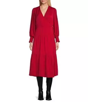 Плиссированное атласное платье Reba с V-образным вырезом и v-образным вырезом, присборенными рукавами и запахом, красный