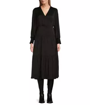 Плиссированное атласное платье Reba с V-образным вырезом и v-образным вырезом, присборенными рукавами и запахом, черный