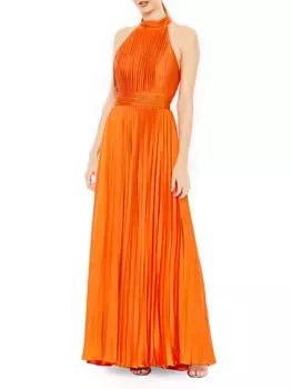 Плиссированное атласное платье с бретельками на шее Mac Duggal, цвет sunset