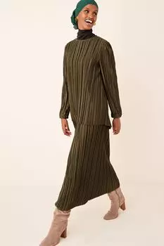 Плиссированное атласное платье с длинными рукавами Next, зеленый