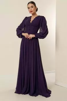 Плиссированное длинное шифоновое платье на подкладке с кружевным воротником и пуговицами, аксессуары сливового цвета By Sayg, фиолетовый