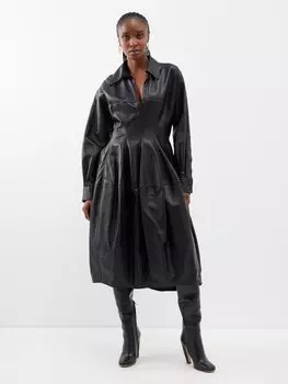 Плиссированное кожаное платье миди с воздушным шаром Bottega Veneta, черный