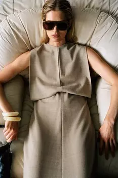 Плиссированное миди-платье ZARA, бежевый