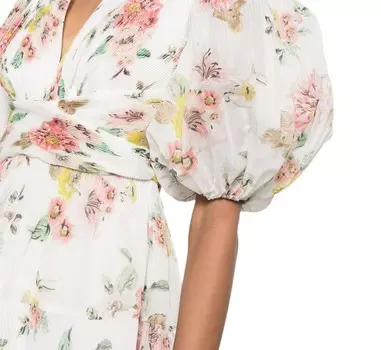 Плиссированное мини-платье кораллового цвета с цветочным принтом Zimmermann