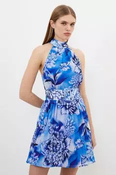 Плиссированное мини-платье Petite Blue с принтом роз Karen Millen, синий