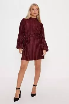 Плиссированное мини-платье Petite Premium с поясом Oasis, красный