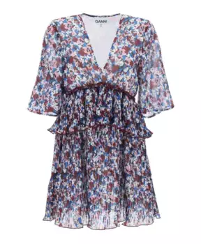 Плиссированное мини платье с цветочным принтом Ganni, мультиколор