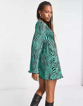 Плиссированное мини-платье с длинными рукавами и принтом зебры ASOS DESIGN