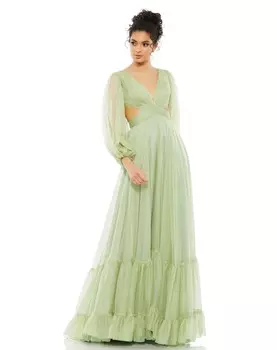 Плиссированное многоярусное платье на шнуровке с вырезами и длинными рукавами Mac Duggal, цвет Sage