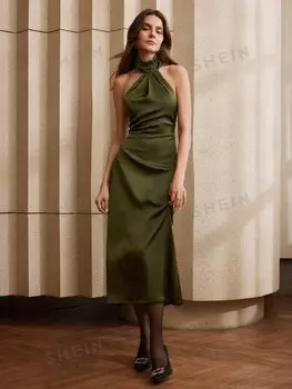 Плиссированное охотничье платье, элегантный городской стиль Anewsta, черный