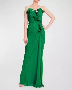 Плиссированное платье без бретелек с рюшами Badgley Mischka Collection, цвет Palm