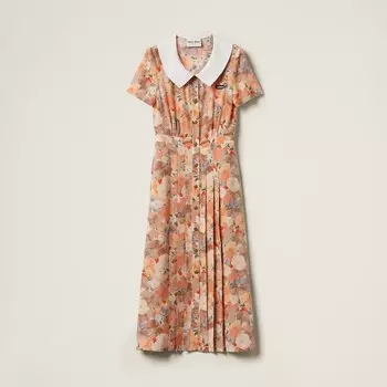 Плиссированное платье из марокканского крепа с цветочным принтом Miu Miu, розовый