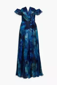 Плиссированное платье из органзы с открытыми плечами и принтом THEIA, нави