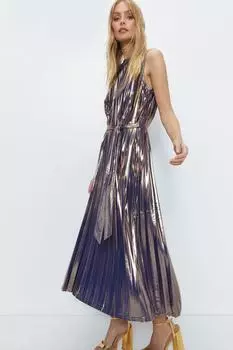 Плиссированное платье Lame с завязкой на талии Warehouse, золото