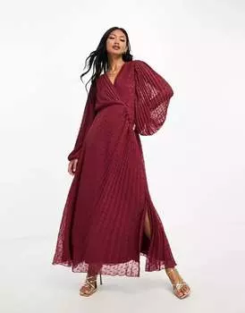 Плиссированное платье макси ASOS из металлического бордового шифона с легкими выступами, застежкой на пуговицы и запахом
