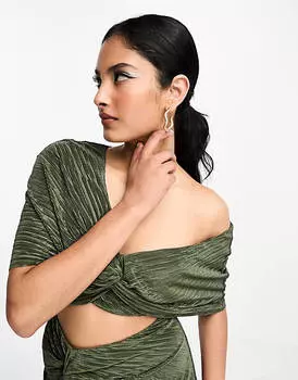 Плиссированное платье макси цвета хаки с приспущенными плечами ASOS DESIGN два в одном