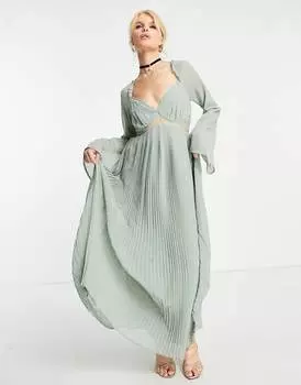 Плиссированное платье макси цвета шалфея ASOS DESIGN с кружевной вставкой на талии и рукавами-фонариками ASOS DESIGN