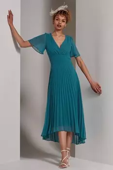 Плиссированное платье макси Elene из шифона с асимметричным подолом Jolie Moi, синий