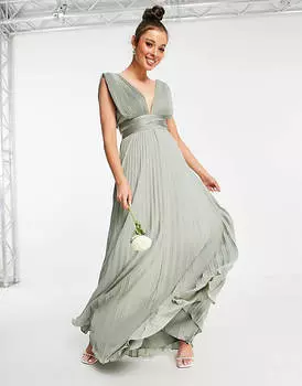 Плиссированное платье макси на бретельках с атласным запахом на талии ASOS DESIGN Bridesmaid - MGREEN