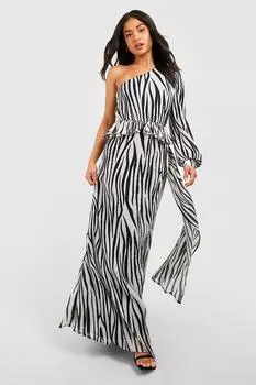Плиссированное платье макси на одно плечо petite zebra Boohoo, черный