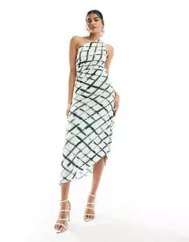 Плиссированное платье макси на одно плечо Vero Moda в клетку тай-дай