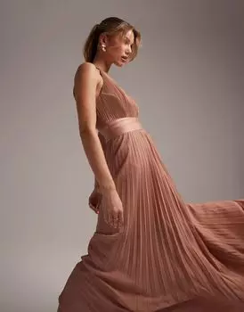 Плиссированное платье макси с атласным запахом на талии цвета мокко ASOS Bridesmaid