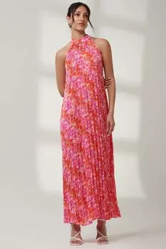 Плиссированное платье макси с воротником-бретелькой Jolie Moi, розовый