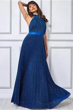 Плиссированное платье макси с воротником-халтер и люрексом Goddiva, синий