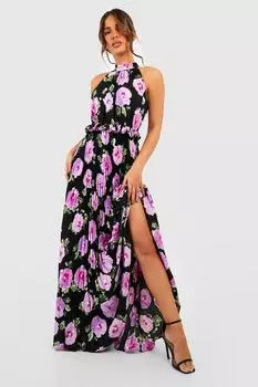 Плиссированное платье макси с высоким воротником и цветочным принтом boohoo, черный