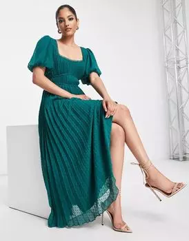 Плиссированное платье миди ASOS Curve фактурного елово-зеленого цвета с рукавами-буфами и фестончатым подолом