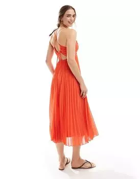 Плиссированное платье миди ASOS с бретелями, завязками на спине и плиссированным лифом кораллового цвета