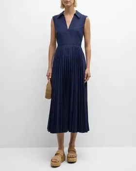 Плиссированное платье миди без рукавов Carissa с V-образным вырезом Tanya Taylor, цвет Maritime Blue